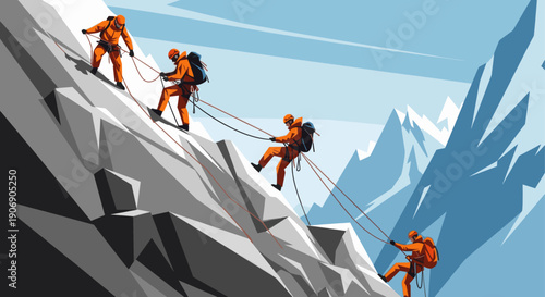 Digitally generated illustration of a group of mountain climbers in orange suits ascending a steep, snow-covered mountain using ropes. Adventure, teamwork, and challenge concept.