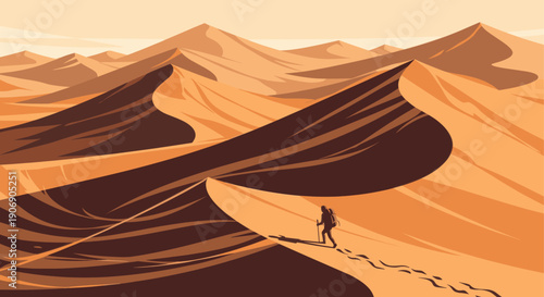 Illustration of a lone hiker trekking across sand dunes. Perfect for travel, adventure, or resilience themes. Simplistic and bold design style.