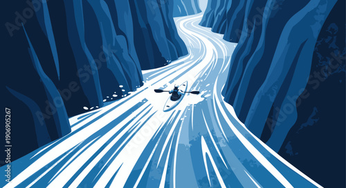 Illustration of a lone kayaker paddling through a narrow, fast-flowing river in a deep blue canyon. Evokes adventure, challenge, nature. Great for outdoor, sports, travel concepts.