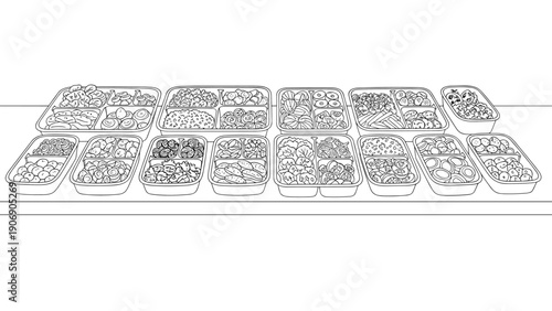 Organized meal prep in containers on shelves: black and white food line drawing