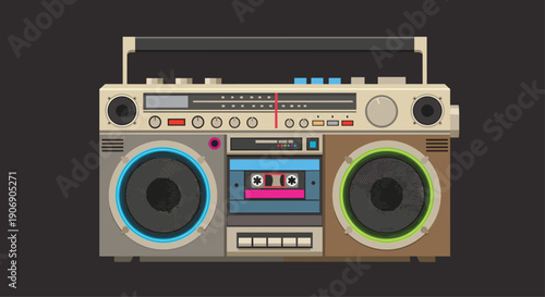 An intricate old-fashioned brown and grey boombox featuring a visible cassette player, numerous colorful buttons, and glowing blue and green speaker rings on a dark grey background.