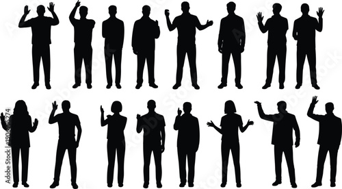 Silhouettes of men and women in various poses with raised hands Keywords: silhouette, people, man, woman, standing, group