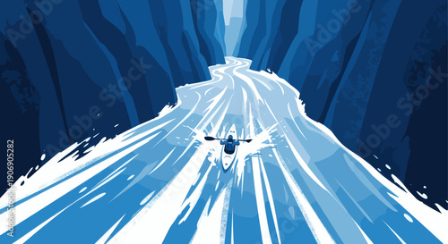 Graphic vector illustration of a person kayaking through a blue water river canyon. Use for travel ads, outdoor activities, recreation concepts, and travel brochures.