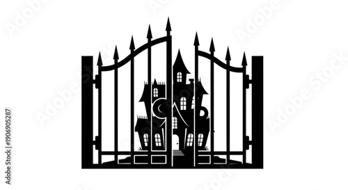 Haunted house silhouette behind iron gate for halloween