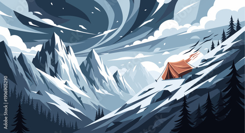 Camping tent on a snow covered mountain. Vector illustration for backgrounds, adventure themes, travel, outdoors, hiking, and nature-related designs.