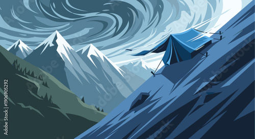 Stylized vector illustration of a blue tent pitched on a mountain slope, with snowy peaks and a dramatic, swirling sky. Ideal for travel, adventure, and outdoor themes.