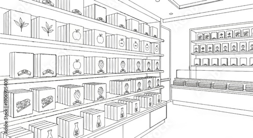 Line art sketch of a store aisle with shelves stocked with various packaged goods