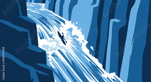 A stylized illustration of a kayaker paddling down a powerful waterfall. The image evokes feelings of adventure, challenge, and the great outdoors. Use for extreme sport themes.