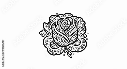Intricate black and white floral design resembling a rose with paisley elements