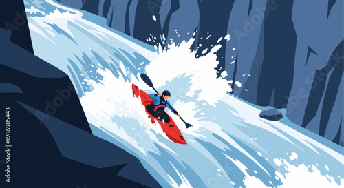 Vector illustration of a kayaker paddling down a waterfall. Ideal for adventure, sports, recreation, or travel marketing. Clean vector style and bright colors.