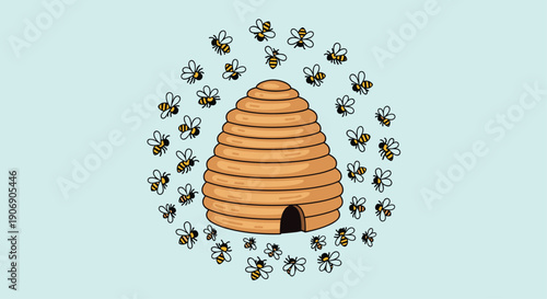 A simple rounded brown beehive with a dark arched opening, surrounded by a dense swarm of many small cartoon bees flying in a circular formation on a very light blue background.