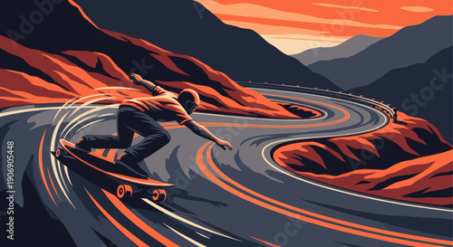 Illustration of a skateboarder carving down a winding mountain road at sunset. Strong graphic style, bold colors. Ideal for sports, adventure, travel, or lifestyle content.