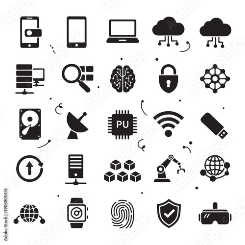 Technology device icon set, digital gadget symbols, smart device outline icons, tech vector pack, electronic equipment icons, device line icons, technology ui pack

