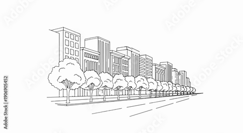 Line art sketch of urban cityscape with trees lining a road