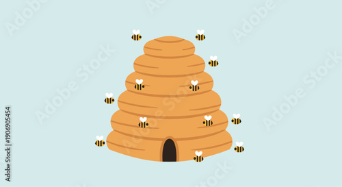A tall, textured brown beehive with a dark arched entrance, featuring several small cartoon bees casually scattered around its surface on a subtle light blue textured background.