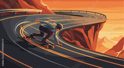 Vector illustration of a skateboarder riding down a winding mountain road. A feeling of freedom and adventure is conveyed. Use for sport, travel, adventure content.