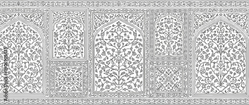 Intricate black and white floral and avian motif panel with arched and square compartments