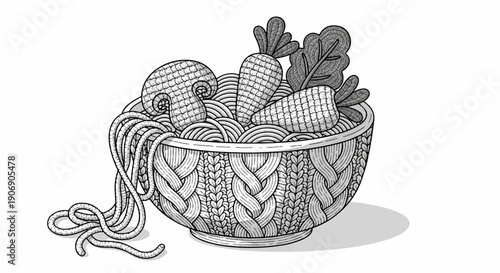 Intricate black and white illustration of a bowl filled with noodles, corn, and leafy greens
