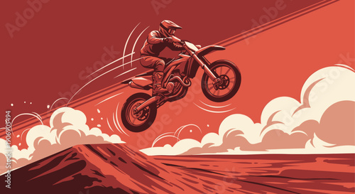 Stylized illustration of a motorcross rider jumping in the air, red color scheme. Perfect for extreme sports advertising or product packaging.