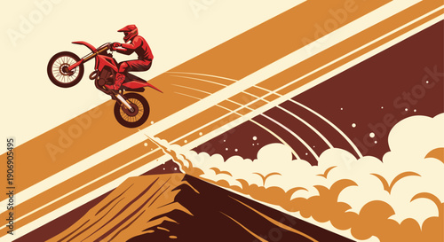 Vector illustration of a motocross rider in red, jumping a motorcycle off a hill in a vintage style. Use for sports promotion, action illustration, or motocross graphics.