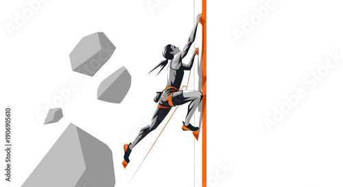 Vector art featuring a female climber ascending a wall. Can be used for topics like sports, challenge, adventure, design, and fitness. White background allows easy isolation.
