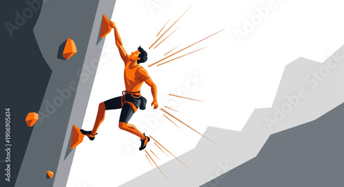 Vector illustration of a man rock climbing. Sport, adventure, fitness, exercise, and strength concept. Clean design for websites, apps and marketing.