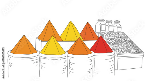 Colorful spice market display with pyramid-shaped seasonings and bottled saffron