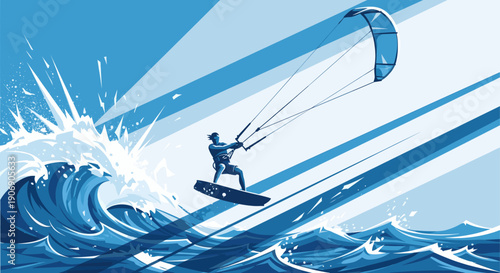 Kitesurfer jumps high on a wave, graphic vector illustration in shades of blue. Perfect for travel, watersport ads or coastal themed marketing campaigns.
