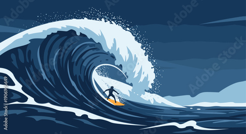 Vector illustration of a surfer riding a large wave, stylized and minimal. Ideal for travel, sports, or adventure themed projects with a clean, modern design.