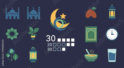 Ramadhan Kareem greeting with Islamic symbols, crescent moon, mosque, prayer mat and food icons