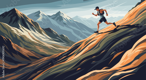 Dynamic vector illustration of a trail runner ascending a mountain, featuring bold colors and a stylized aesthetic. Ideal for sports, fitness, and outdoor adventure marketing materials.