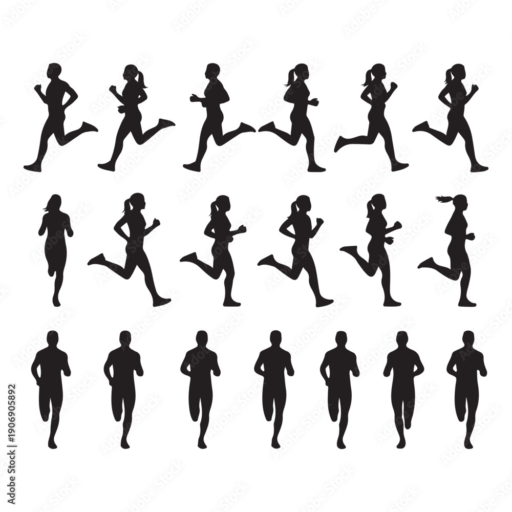 Obraz premium Running people silhouette icons, jogging human action symbols, fitness run outline icons, athlete movement vector pack, exercise running icons, sport activity silhouettes, fitness ui pack