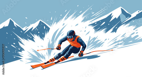 A stylized vector illustration of a skier carving down a snowy mountain, creating spray.  Great for sports, tourism, and winter recreation concepts.