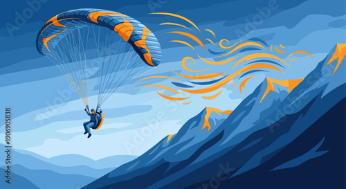Vector illustration of a paraglider soaring over a mountain range. Graphic design, adventure sports, freedom, travel themes. Blue and orange color palette, stylish composition.