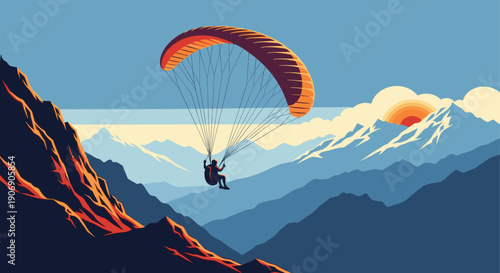 Stylized illustration of a paraglider soaring over a mountain range at sunset. Represents adventure, freedom, and outdoor recreation. Suitable for travel, sports, and lifestyle content.