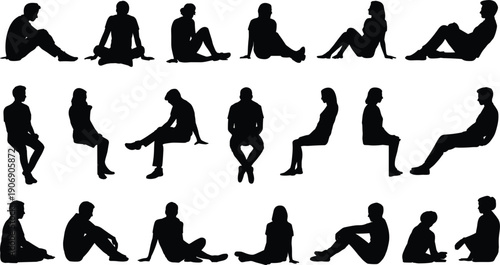 Silhouettes of people sitting in different casual poses on a white background relaxed