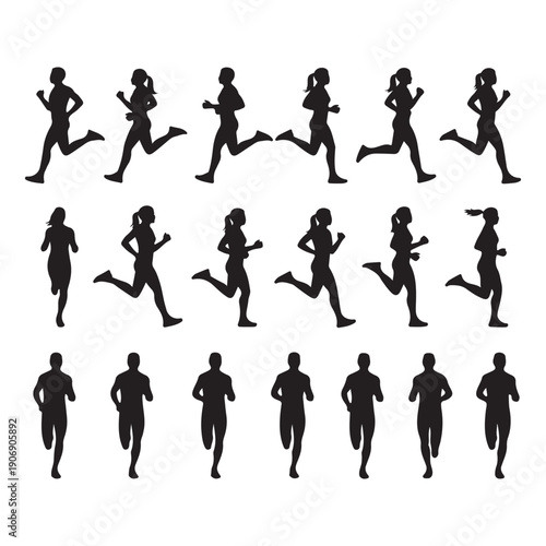 Running people silhouette icons, jogging human action symbols, fitness run outline icons, athlete movement vector pack, exercise running icons, sport activity silhouettes, fitness ui pack

