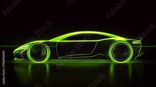 Sleek electric vehicle silhouette outlined entirely in vibrant neon green light, pitch black background creating maximum contrast, streamlined aerodynamic form suggesting extreme velocity, minimalist