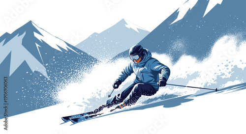 Illustration of a skier downhill skiing with snowy mountains in the background. Perfect for sport, travel, winter, holiday, or adventure projects. Isolated on white background.