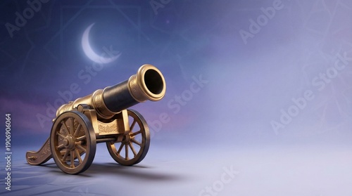 Minimal Ramadan Background with Ottoman Iftar Cannon (Ramazan Topu) and Copy Space (3D Render)