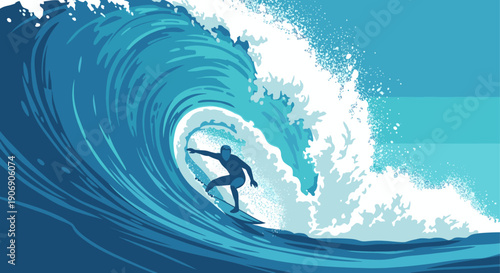 An illustration of a surfer riding inside a large breaking wave. Perfect for surfing, ocean, or tropical themed projects. Blue tones, white water.