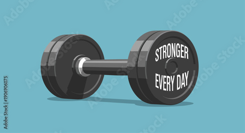 A sleek black dumbbell featuring the motivational phrase STRONGER EVERY DAY clearly inscribed on one of its weight plates, resting steadily on a solid light blue background.