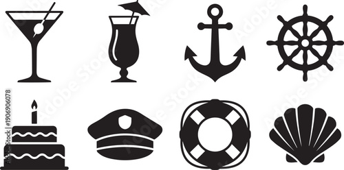 Nautical Lifestyle Icons: A collection of meticulously crafted, iconic illustrations, capturing the essence of seafaring life, from the refreshing cocktail to the symbolic anchor.