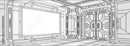 Futuristic interior hallway with large screen and sealed vault-like doors