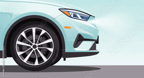 Light blue vehicle front wheel and headlight, illuminated beam