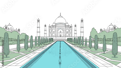 Elegant line art of taj mahal with reflective water and symmetrical gardens