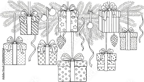 Holiday gifts and ornaments hang from pine branches, festive black and white drawing