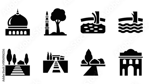 Silhouette icon set of landmarks and natural scenery elements