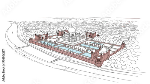 Isometric line art of iconic taj mahal with detailed architectural elements and surrounding landscape