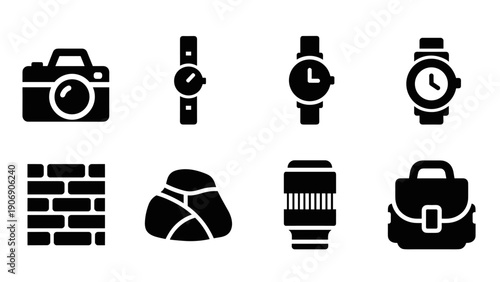 Minimalist black icon set: camera, watch, rock, lens, bag